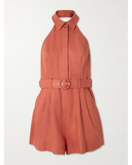 Zimmermann Red Awaken Belted Linen Playsuit