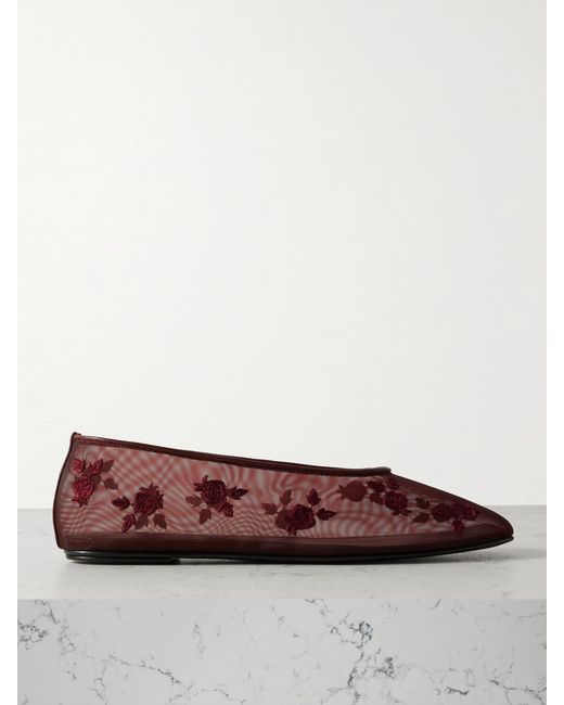 Magda Butrym Brown Leather-Trimmed Embroidered Mesh Ballet Flats