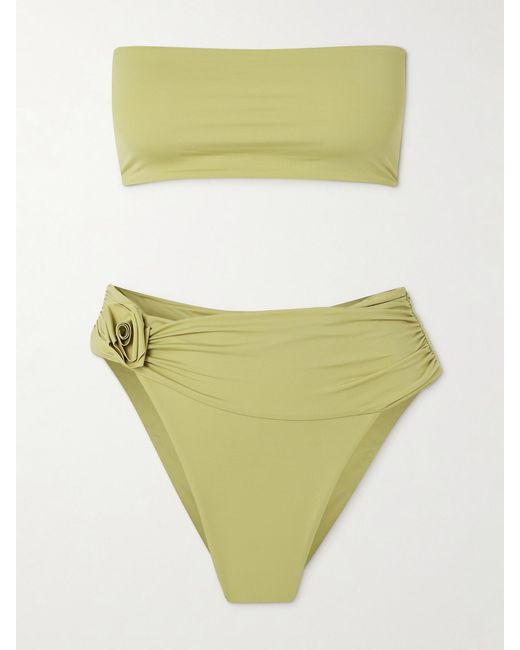 Maygel Coronel Yellow Alheli Appliquéd Ruched Bandeau Bikini