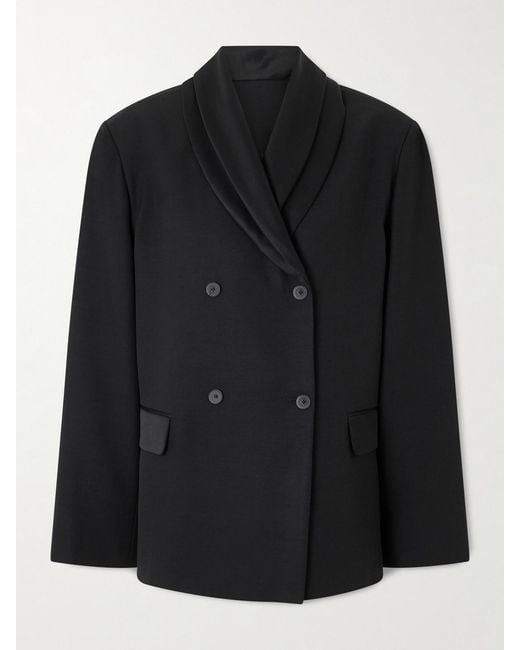Loulou de Saison Black Jiha Double-Breasted Satin-Trimmed Woven Blazer