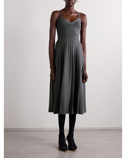 Khaite Gray Elio Pleated Pointelle-Trimmed Wool-Blend Midi Dress