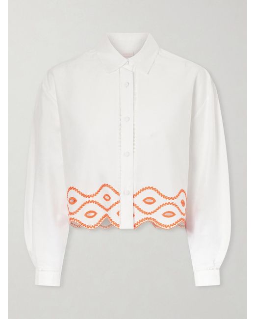Loretta Caponi White Assia Cropped Broderie Anglaise-Trimmed Cotton-Voile Shirt