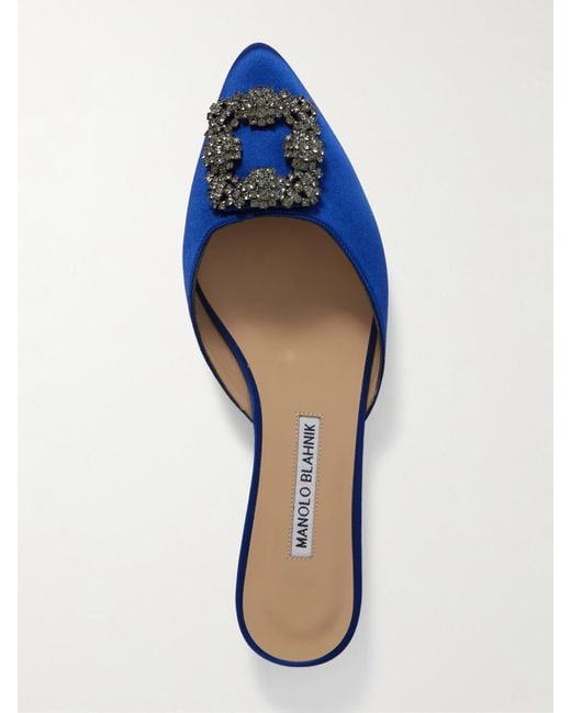 Manolo Blahnik Blue Hangisi Crystal-Embellished Satin Slippers