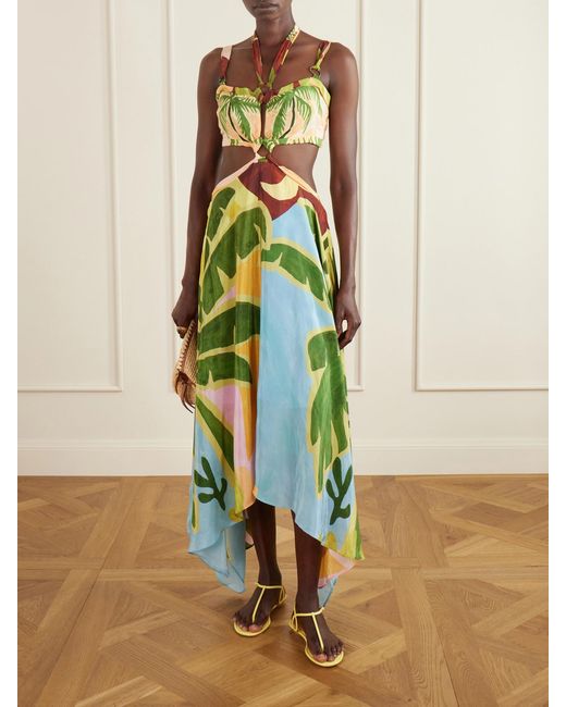 Farm Rio White Tropical Painting Cut-Out Satin-Jersey Midi Dress