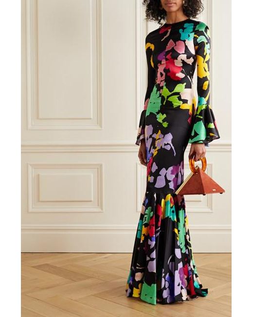 Caroline Constas Puff-sleeve Silk-blend Maxi Dress in Black Floral Womens Dresses Caroline Constas Dresses Brown 