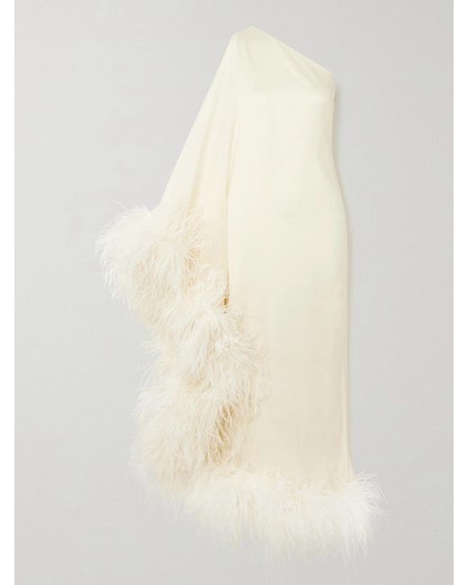 Taller Marmo White Net Sustain Ubud One-Shoulder Feather-Trimmed Silk-Crepe Gown