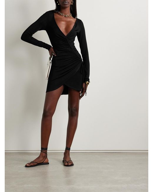 Louisa Ballou Black Summer Solstice Wrap-Effect Ruched Stretch-Jersey Mini Dress