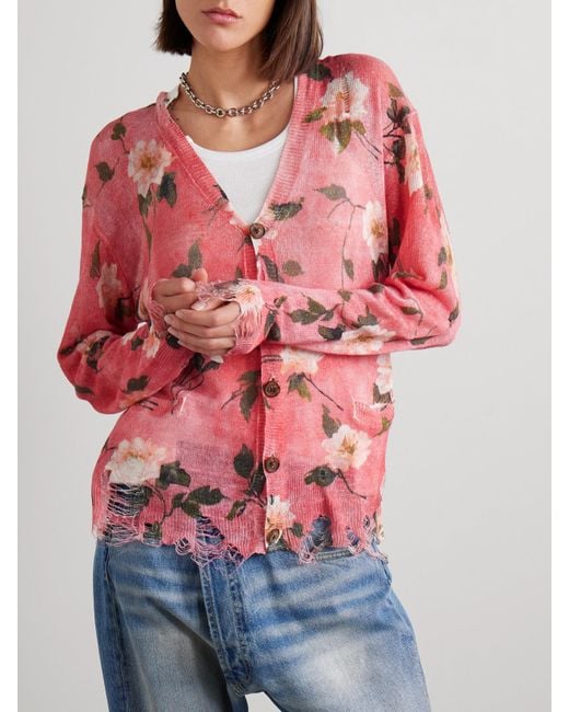 R13 Oversized Distressed Floral print Linen Cardigan in Pink Lyst UK