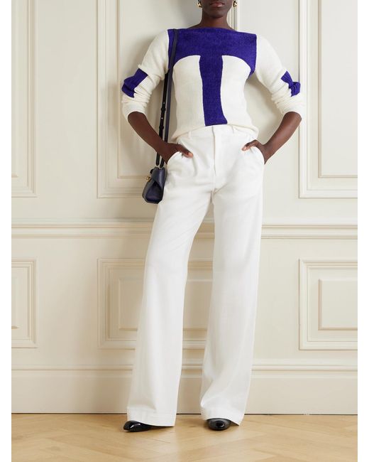 Tory Burch Blue Two-Tone Ribbed Silk-Blend Chenille Sweater