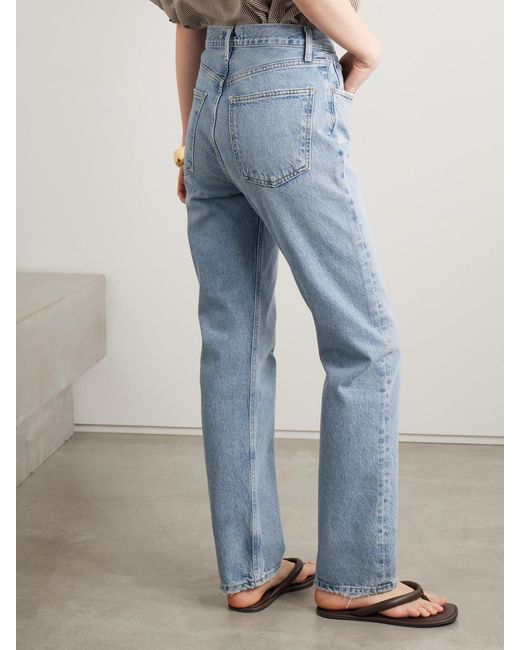 Agolde Blue 90's Pinch Waist Long Frayed High-Rise Straight-Leg Jeans