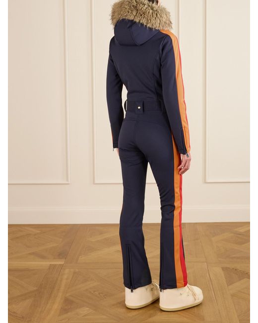 Goldbergh Blue Suvi Belted Hooded Plush-Trimmed Padded Down Ski Suit