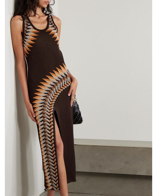 Rabanne Brown Metallic Jacquard-Knit Maxi Dress