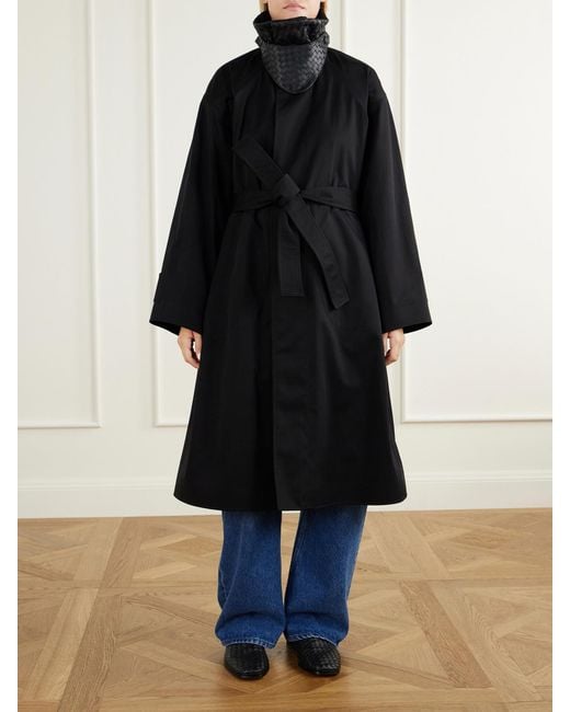 Bottega Veneta Black Belted Intrecciato Leather-Trimmed Cotton-Gabardine Coat