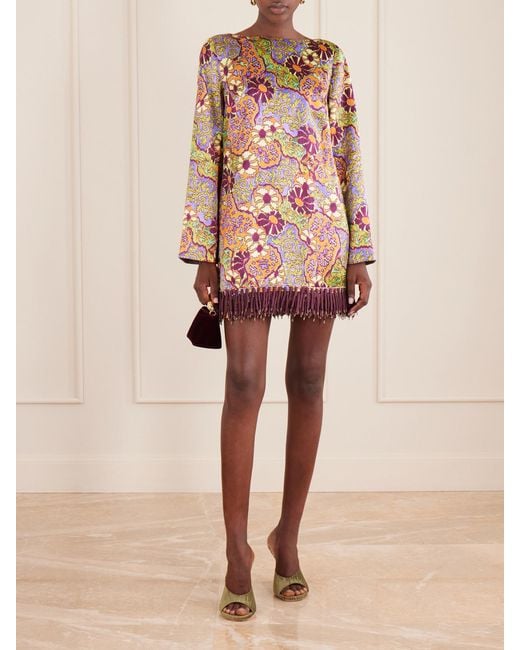 ALÉMAIS Multicolor Floral-Print Fringed Satin Mini Dress