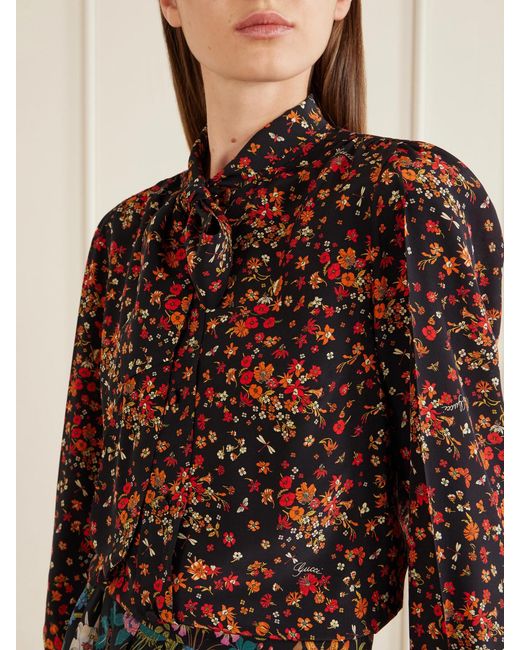 Gucci Red Floral-Print Silk-Crepe Shirt