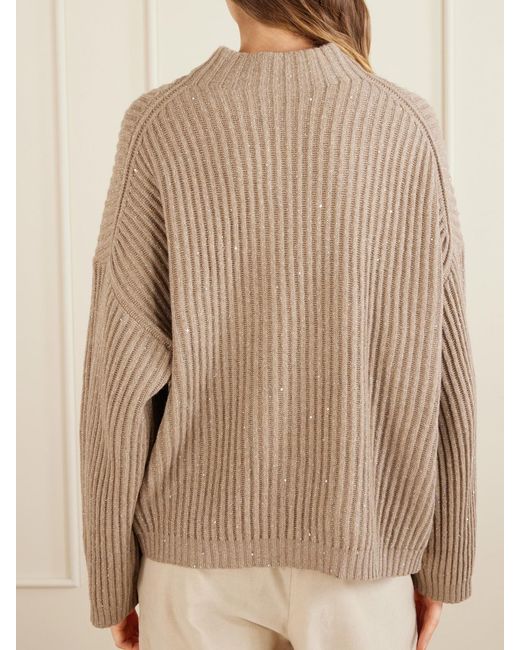 Brunello Cucinelli Natural Sequined Ribbed-Knit Sweater