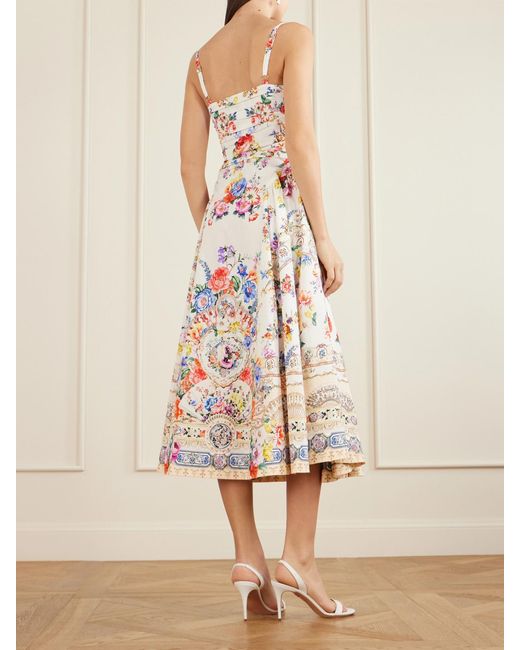 Camilla White Ballerina Tie-Detailed Cutout Ruched Floral-Print Cotton-Blend Midi Dress