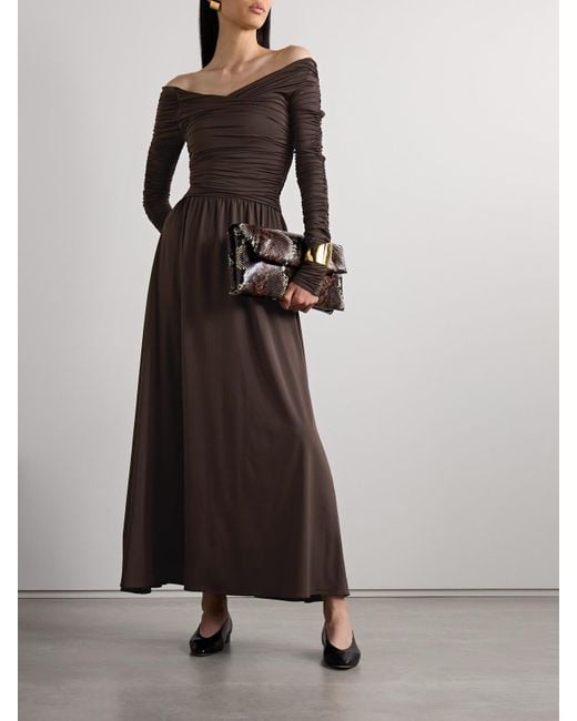 Altuzarra Brown Charlotte Off-The-Shoulder Ruched Stretch Recycled-Jersey Maxi Dress