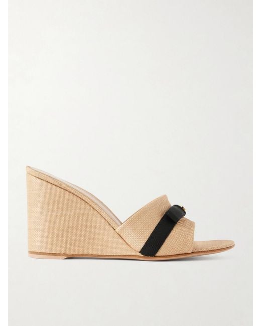 Gianvito Rossi Natural 85 Grosgrain-Trimmed Raffia Wedge Mules