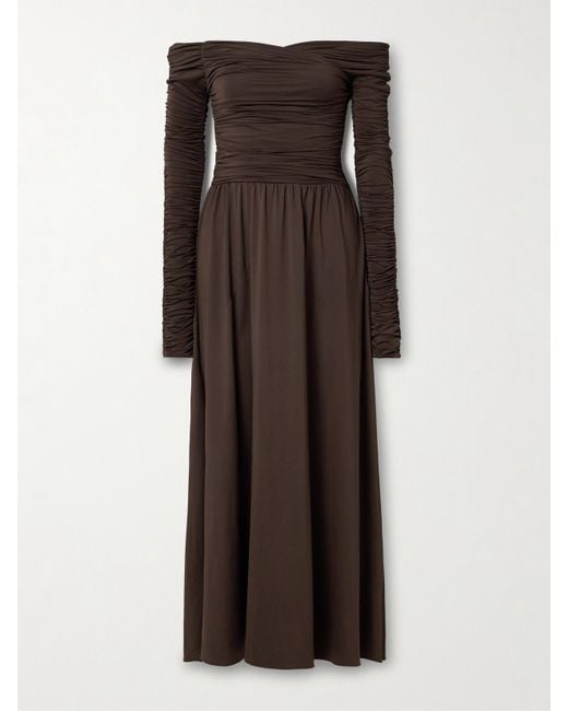 Altuzarra Brown Charlotte Off-The-Shoulder Ruched Stretch Recycled-Jersey Maxi Dress