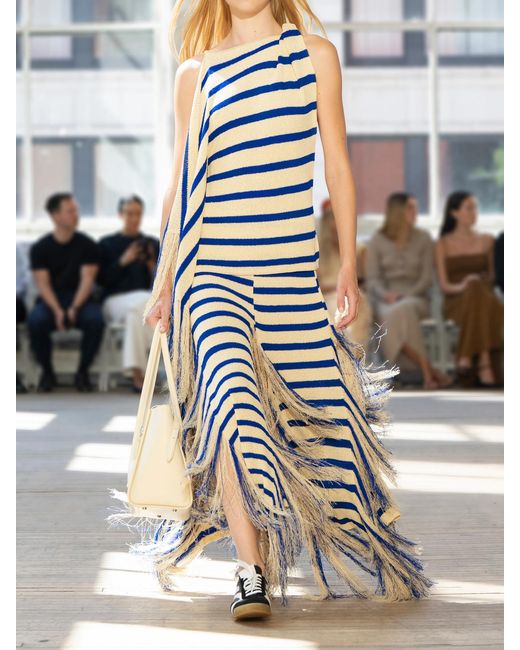 Proenza Schouler Blue Yves Asymmetric Fringed Striped Knitted Maxi Skirt