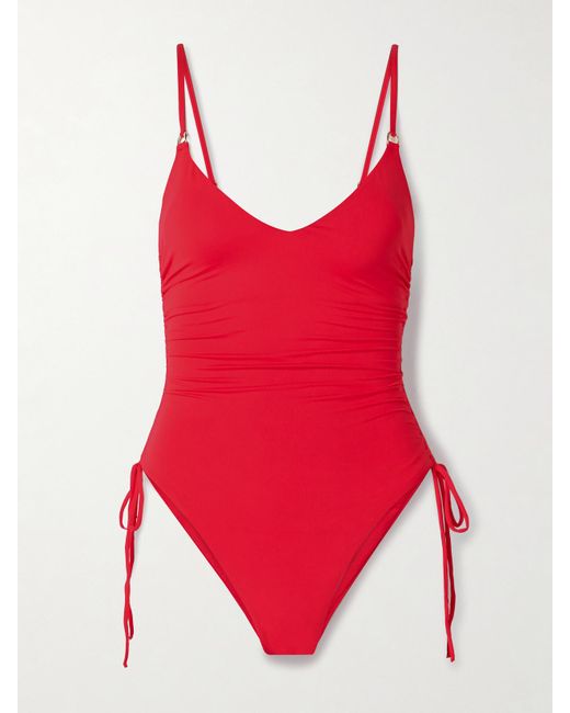 Melissa Odabash Red Havana Embellished Ruched Swimsuit