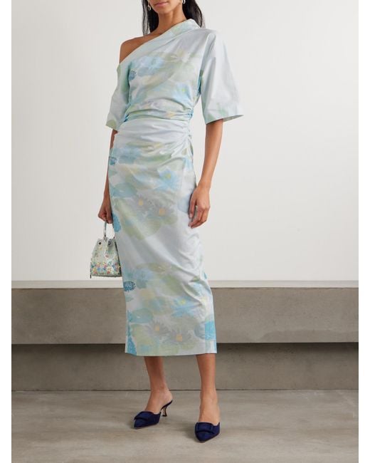 BERNADETTE Blue Bowery Off-The-Shoulder Printed Stretch-Cotton Midi Dress