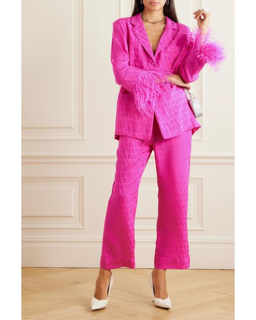 Valentino Garavani Pink Feather-Trimmed Silk-Jacquard Shirt
