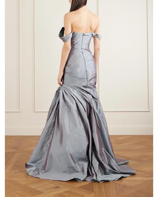 Marmar Halim Gray One-Shoulder Gathered Taffeta Gown