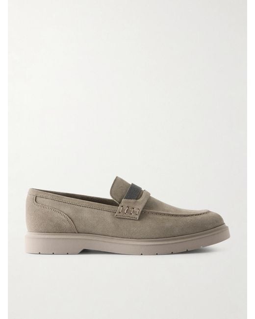 Brunello Cucinelli Gray Embellished Suede Loafers