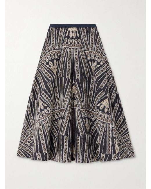 Emporio Sirenuse Gray Tasha 2 Calliope Paneled Embroidered Cotton-Blend Poplin Midi Skirt