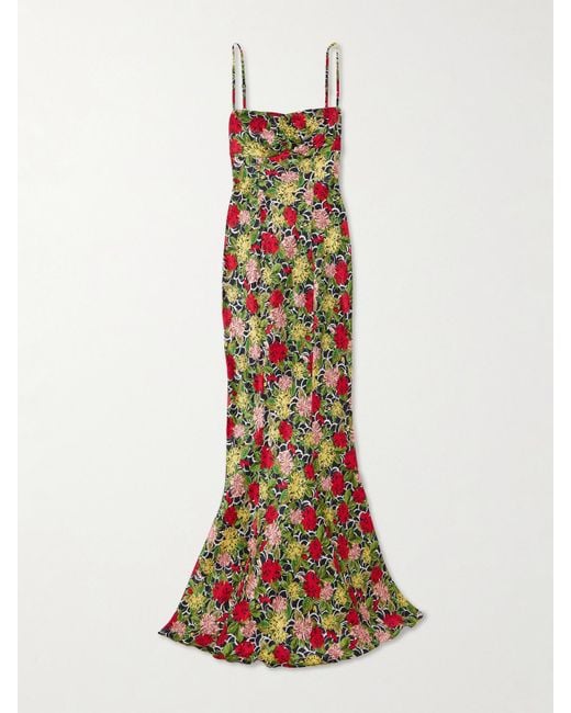 Saloni Red Renee Printed Silk-Satin Gown
