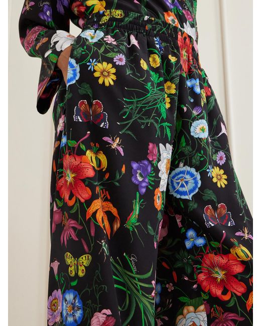Gucci White Flora Printed Silk-Twill Wide-Leg Pants
