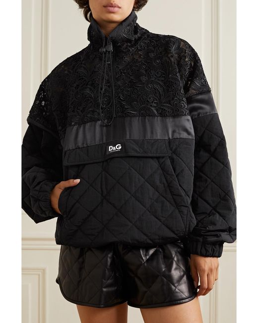 Dolce & Gabbana Black Quilted Nylon, Satin And Macramé Lace Half-Zip Sweatshirt