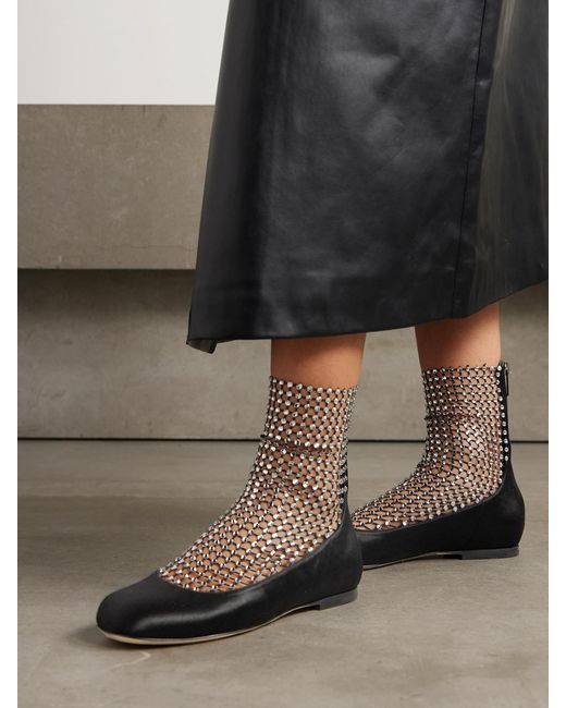 Rene Caovilla Black Crystal-Embellished Mesh-Paneled Satin Ballet Flats