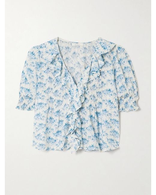 Doen Blue Henri Ruffled Pintucked Floral-Print Organic Cotton-Voile Top