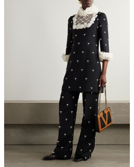Valentino Garavani Black Bow-Embellished Wool And Silk-Blend Twill Wide-Leg Pants