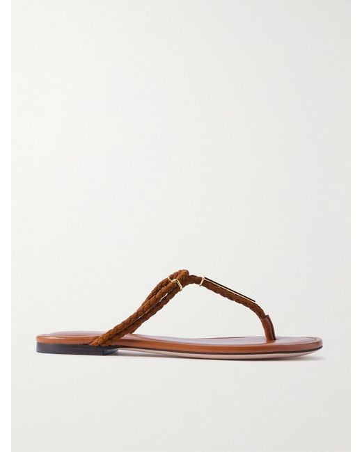 Tom Ford Brown Lily Leather-Trimmed Embellished Braided Suede Sandals