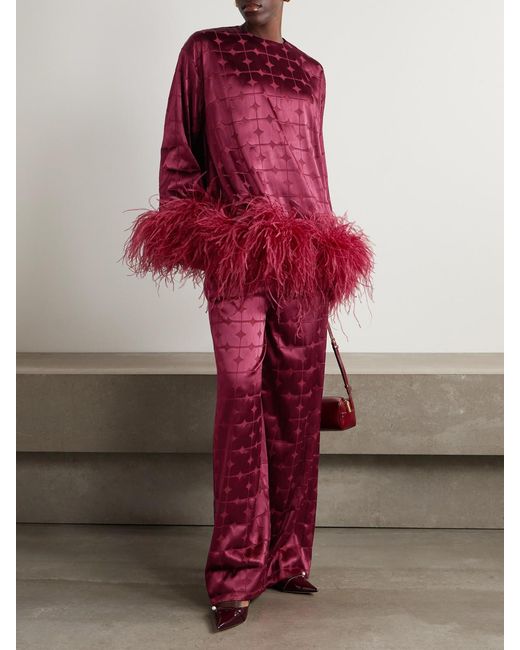 Dima Ayad Red Geometric Feather-Trimmed Devoré-Satin Blouse