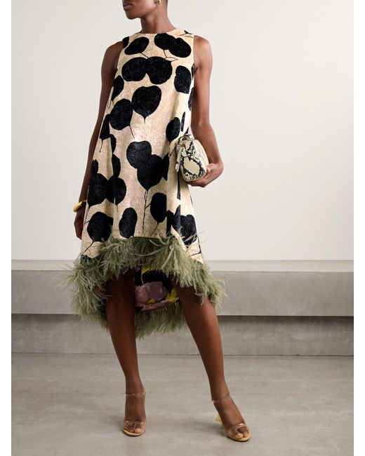 LaDoubleJ White La Scala Asymmetric Feather-Trimmed Floral-Print Crushed-Velvet Dress