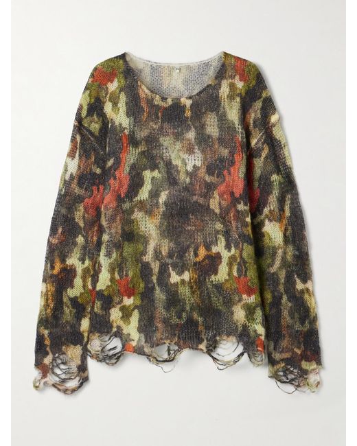 R13 Green Boyfriend Distressed Camouflage-Print Open-Knit Sweater