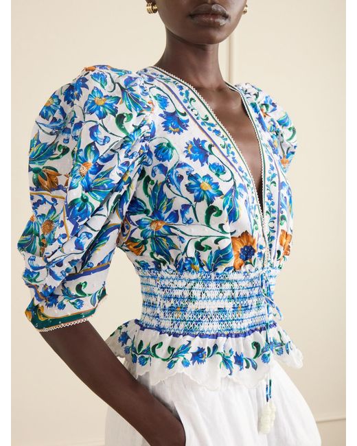 Farm Rio Blue Flora Tile Shirred Floral-Print Cotton-Poplin Blouse