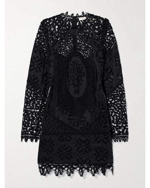 Ulla Johnson Black Eleni Guipure Lace-Trimmed Linen Mini Dress