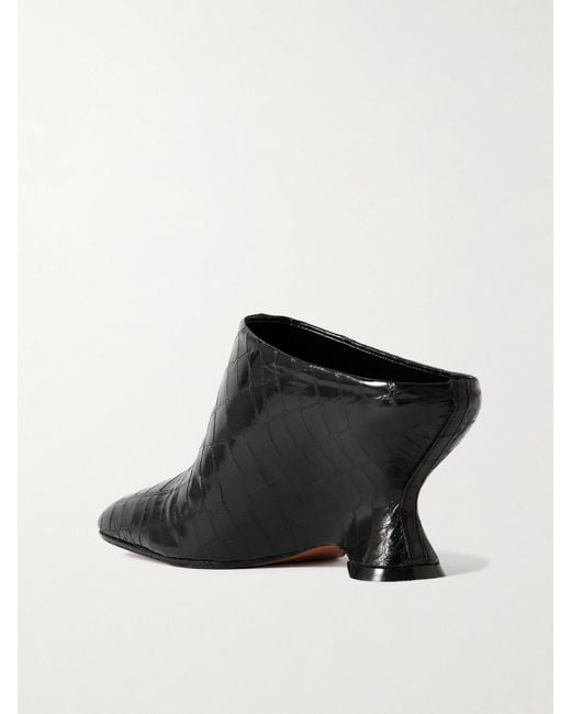 Dries Van Noten Black Croc-Effect Leather Wedge Mules