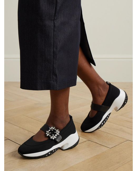 Roger Vivier Black Viv Run Crystal-Embellished Stretch And Leather Sneakers