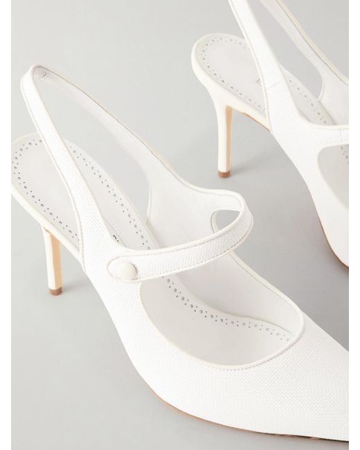 Manolo Blahnik Natural Camparisli 90 Leather-Trimmed Raffia Mary Jane Slingback Pumps