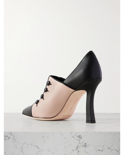 Manolo Blahnik Natural Sisygambis 105 Button-Embellished Two-Tone Leather Pumps