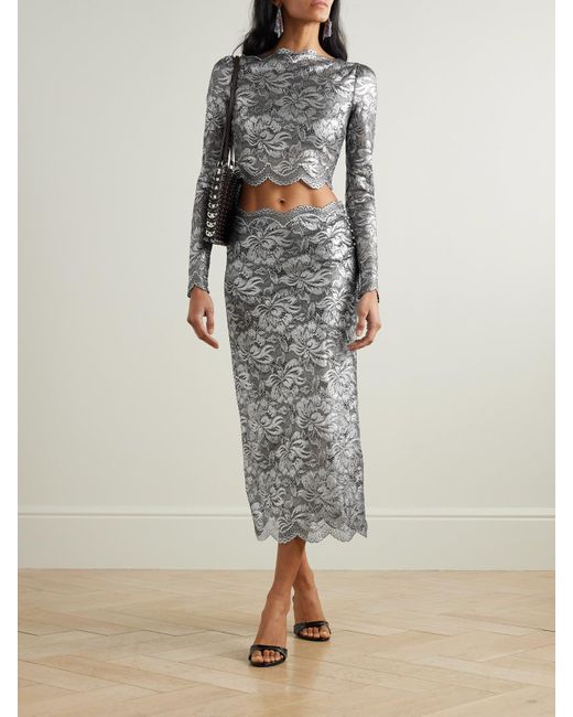 Rabanne Gray Scalloped Metallic Stretch-Lace Midi Skirt