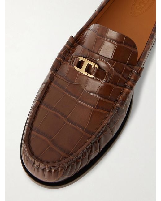 Tod's Brown Embellished Croc-Effect Leather Loafers