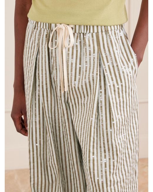 Twp White Pj Sequin-Trimmed Striped Cotton-Blend Wide-Leg Drawstring Pants